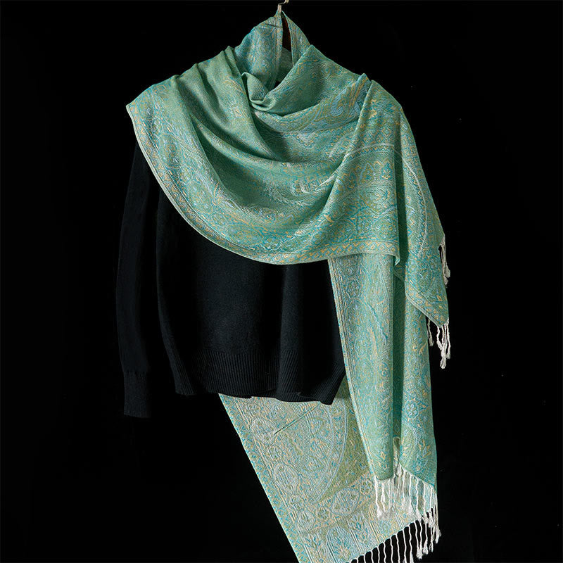 Nimara Ritual Spring Green Cashew Flower Geometric Jacquard Pattern Tassel Cozy Scarf Shawl