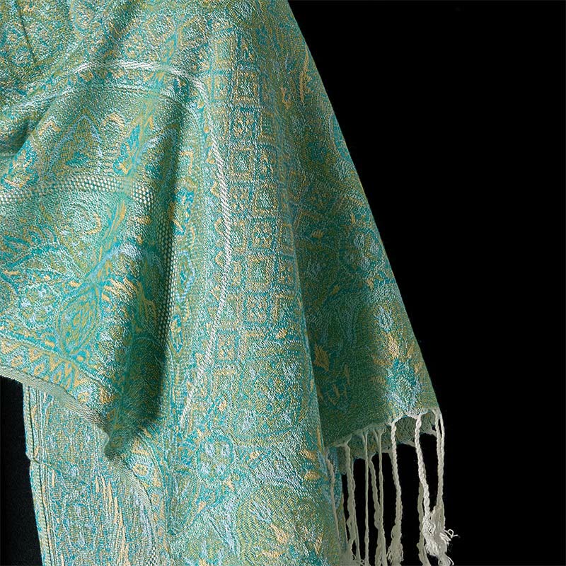 Nimara Ritual Spring Green Cashew Flower Geometric Jacquard Pattern Tassel Cozy Scarf Shawl