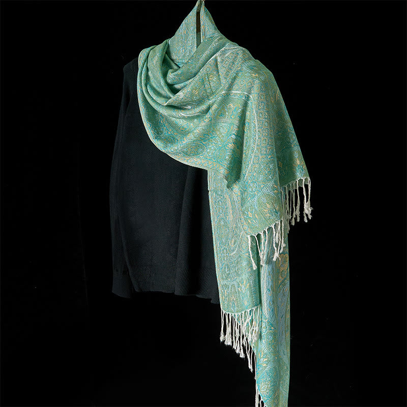 Nimara Ritual Spring Green Cashew Flower Geometric Jacquard Pattern Tassel Cozy Scarf Shawl