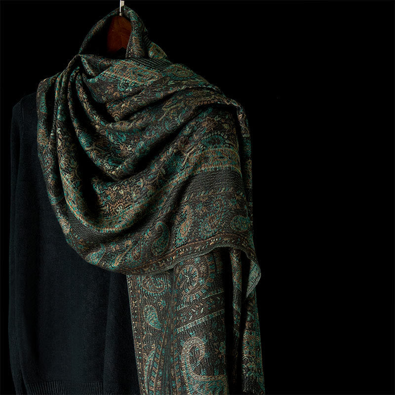 Nimara Ritual Spring Green Cashew Flower Geometric Stripes Pattern Tassel Cozy Scarf Shawl