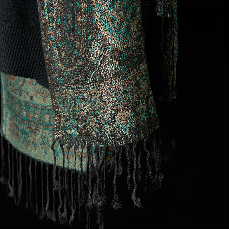 Nimara Ritual Spring Green Cashew Flower Geometric Stripes Pattern Tassel Cozy Scarf Shawl