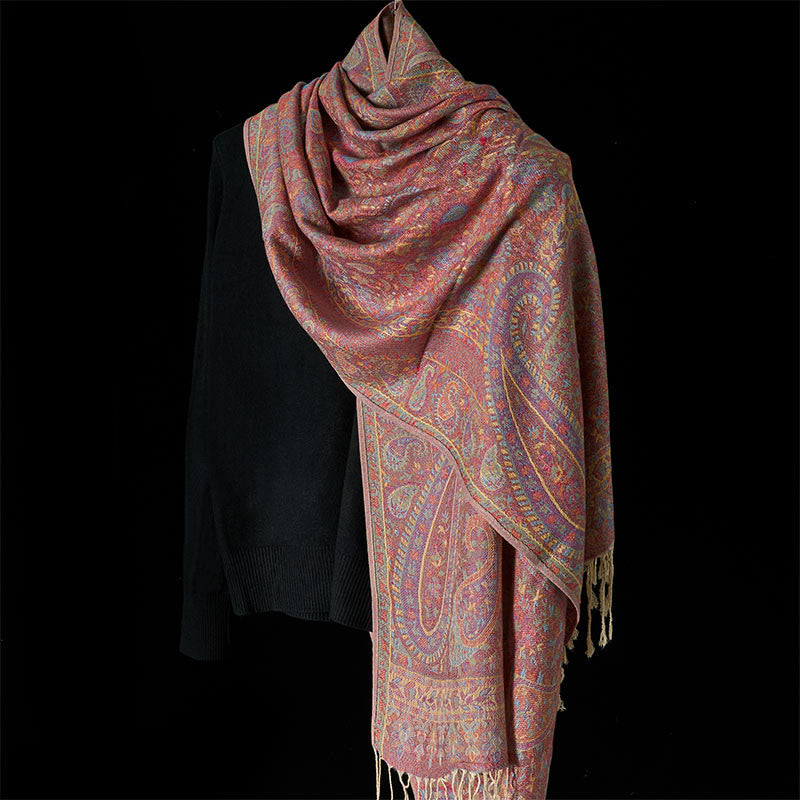 Nimara Ritual Spring Red Pink Cashew Flower Geometric Stripes Pattern Tassel Cozy Scarf Shawl