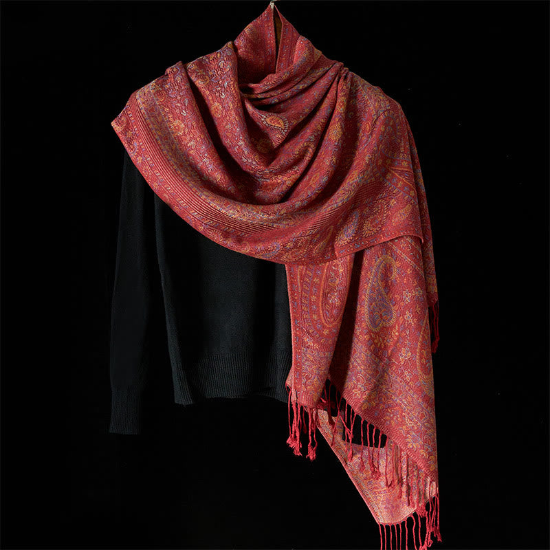 Nimara Ritual Spring Red Pink Cashew Flower Geometric Stripes Pattern Tassel Cozy Scarf Shawl