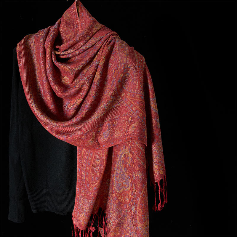Nimara Ritual Spring Red Pink Cashew Flower Geometric Stripes Pattern Tassel Cozy Scarf Shawl