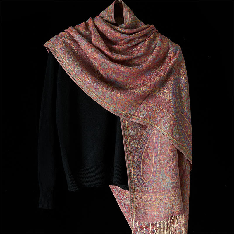 Nimara Ritual Spring Red Pink Cashew Flower Geometric Stripes Pattern Tassel Cozy Scarf Shawl