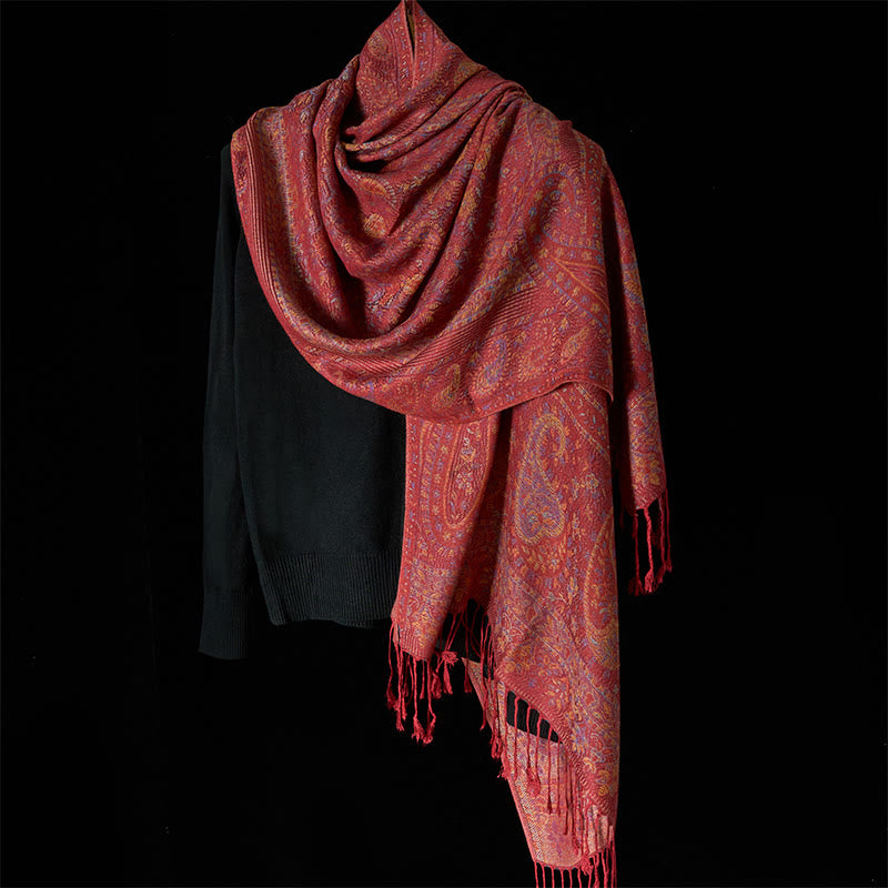 Nimara Ritual Spring Red Pink Cashew Flower Geometric Stripes Pattern Tassel Cozy Scarf Shawl