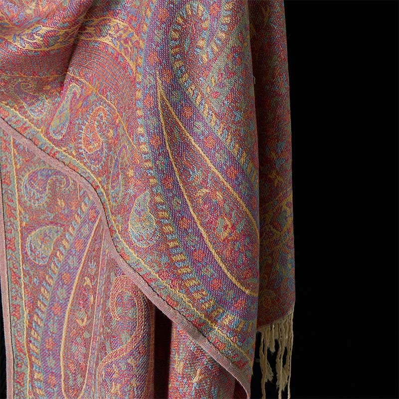 Nimara Ritual Spring Red Pink Cashew Flower Geometric Stripes Pattern Tassel Cozy Scarf Shawl