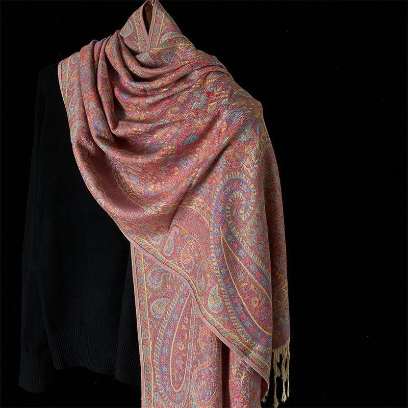 Nimara Ritual Spring Red Pink Cashew Flower Geometric Stripes Pattern Tassel Cozy Scarf Shawl