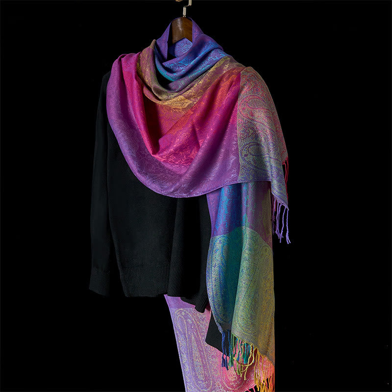 Nimara Ritual Spring Colorful Gradient Cashew Flower Pattern Tassel Cozy Scarf Shawl