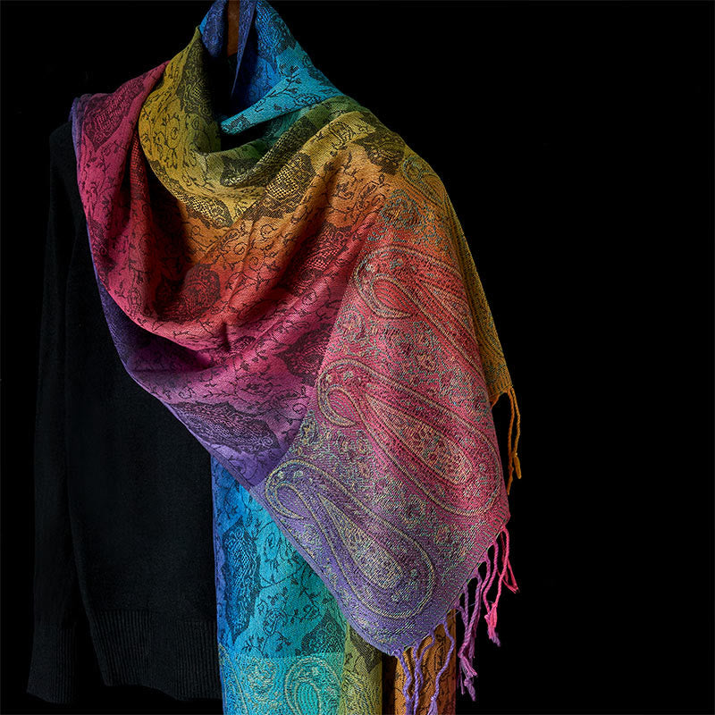 Nimara Ritual Spring Colorful Gradient Cashew Flower Pattern Tassel Cozy Scarf Shawl
