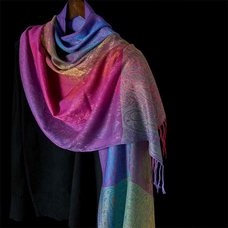 Nimara Ritual Spring Colorful Gradient Cashew Flower Pattern Tassel Cozy Scarf Shawl