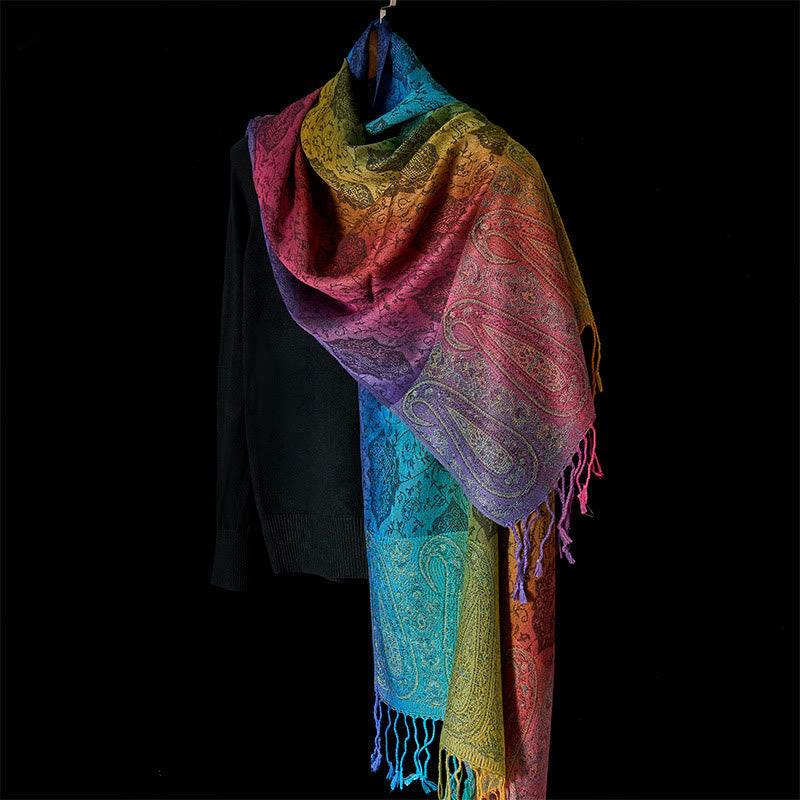 Nimara Ritual Spring Colorful Gradient Cashew Flower Pattern Tassel Cozy Scarf Shawl