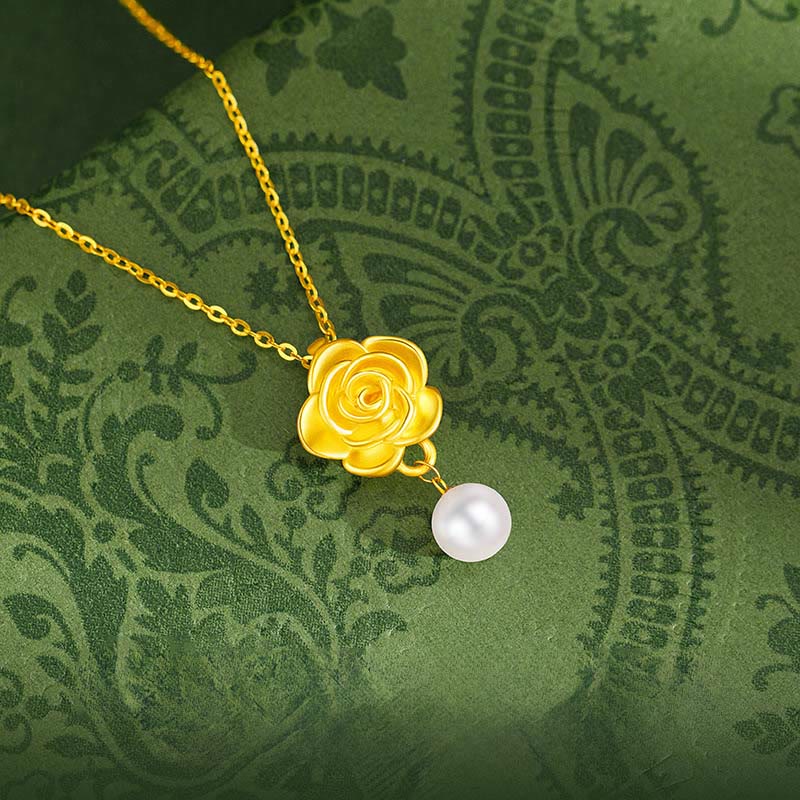 Nimara Ritual 999 Sterling Silver Plated Gold Camellia Pearl Healing Necklace Pendant