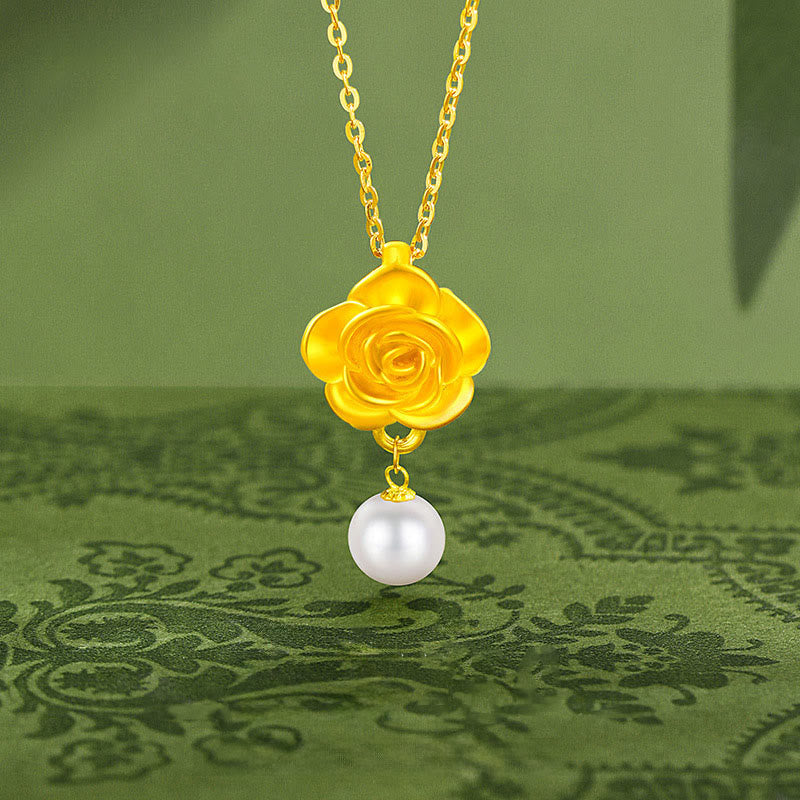 Nimara Ritual 999 Sterling Silver Plated Gold Camellia Pearl Healing Necklace Pendant