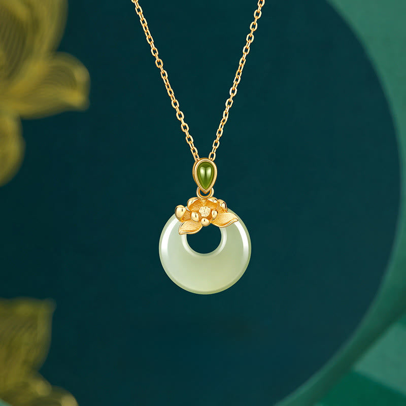Nimara Ritual 925 Sterling Silver Plated Gold Hetian Jade Lotus Luck Necklace Pendant