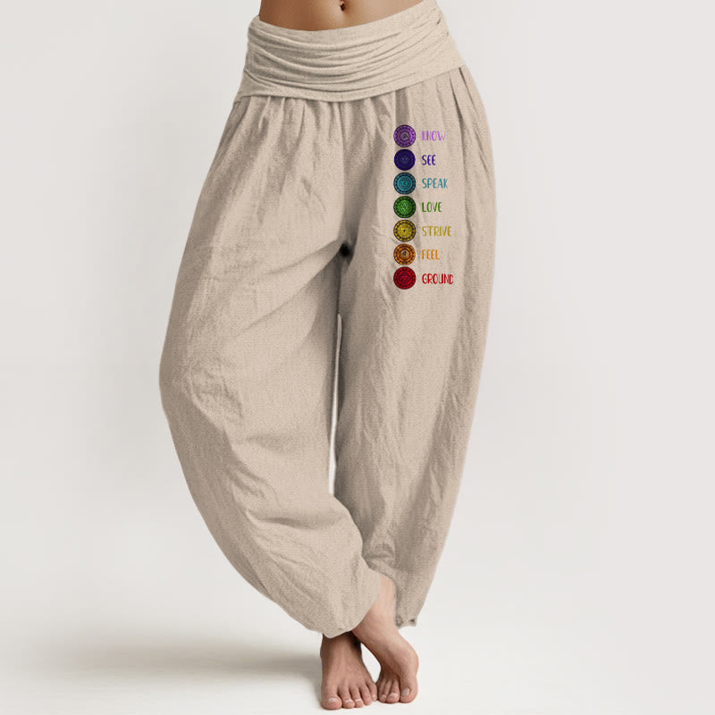 Nimara Ritual Seven Chakras Print Pattern Women's Elastic Waist Harem Pure Cotton Pants