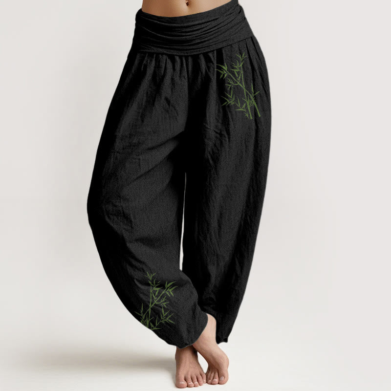 Nimara Ritual Green Bamboo Print Pattern Women's Elastic Waist Harem Pure Cotton Pants