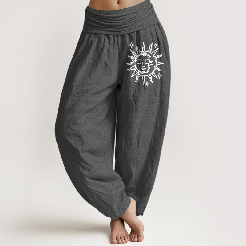 Nimara Ritual Sun Moon Pattern Women's Elastic Waist Harem Pure Cotton Pants