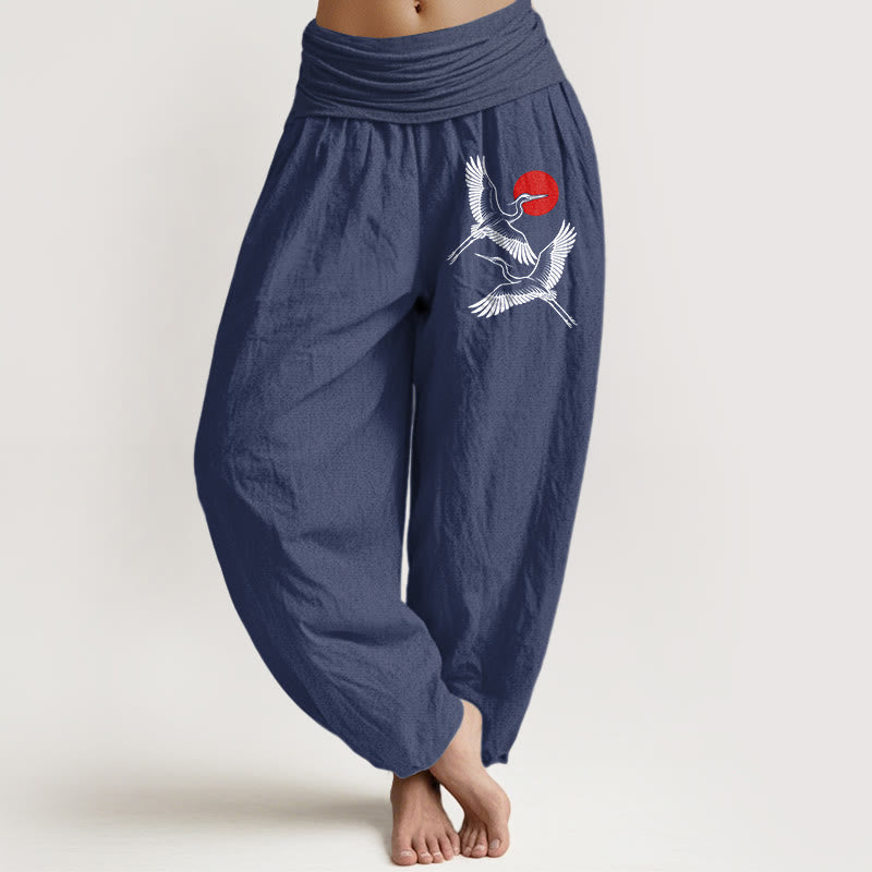 Nimara Ritual Red Sun Cranes Pattern Women's Elastic Waist Harem Pure Cotton Pants