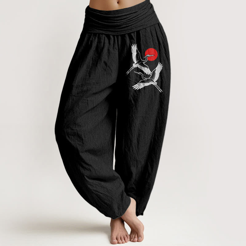 Nimara Ritual Red Sun Cranes Pattern Women's Elastic Waist Harem Pure Cotton Pants