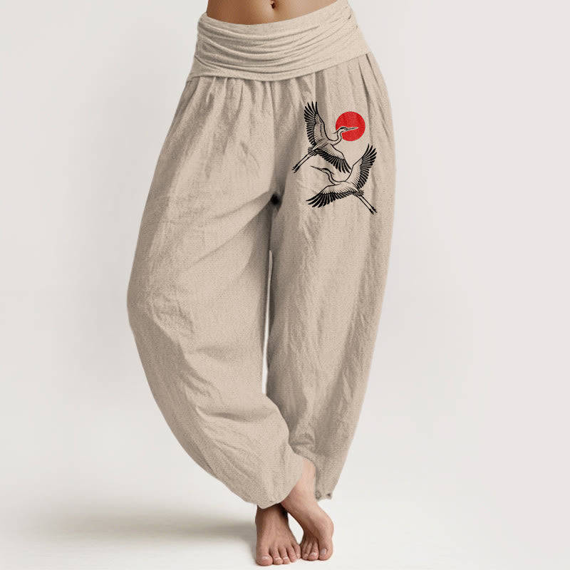 Nimara Ritual Red Sun Cranes Pattern Women's Elastic Waist Harem Pure Cotton Pants