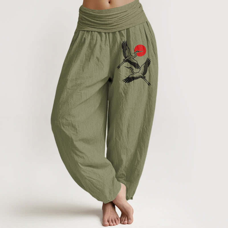 Nimara Ritual Red Sun Cranes Pattern Women's Elastic Waist Harem Pure Cotton Pants
