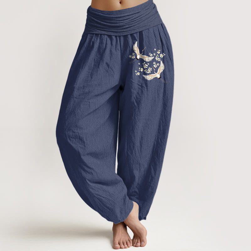 Nimara Ritual Cranes Flowers Pattern Pure Cotton Women's Elastic Waist Harem Pants