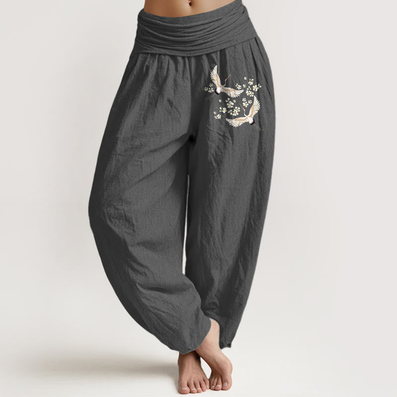 Nimara Ritual Cranes Flowers Pattern Pure Cotton Women's Elastic Waist Harem Pants