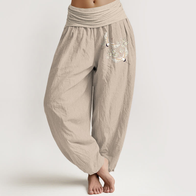 Nimara Ritual Cranes Flowers Pattern Pure Cotton Women's Elastic Waist Harem Pants