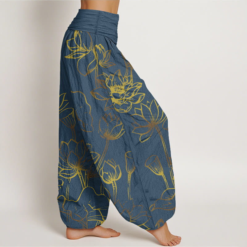 Nimara Ritual Print Lotus Flowers Leaves Pattern Women's Elastic Waist Harem Cotton Pants