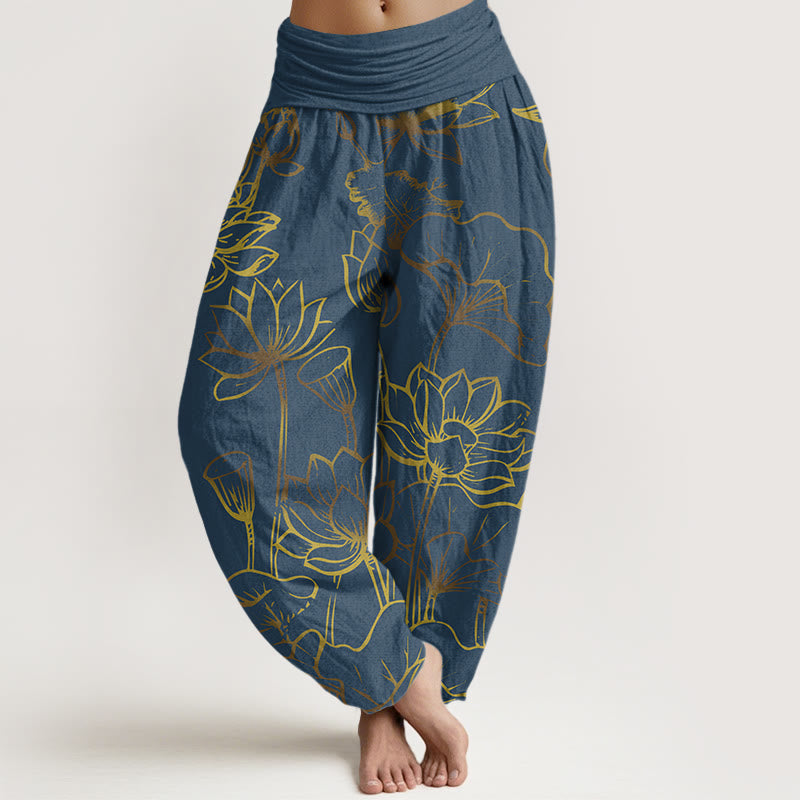 Nimara Ritual Print Lotus Flowers Leaves Pattern Women's Elastic Waist Harem Cotton Pants
