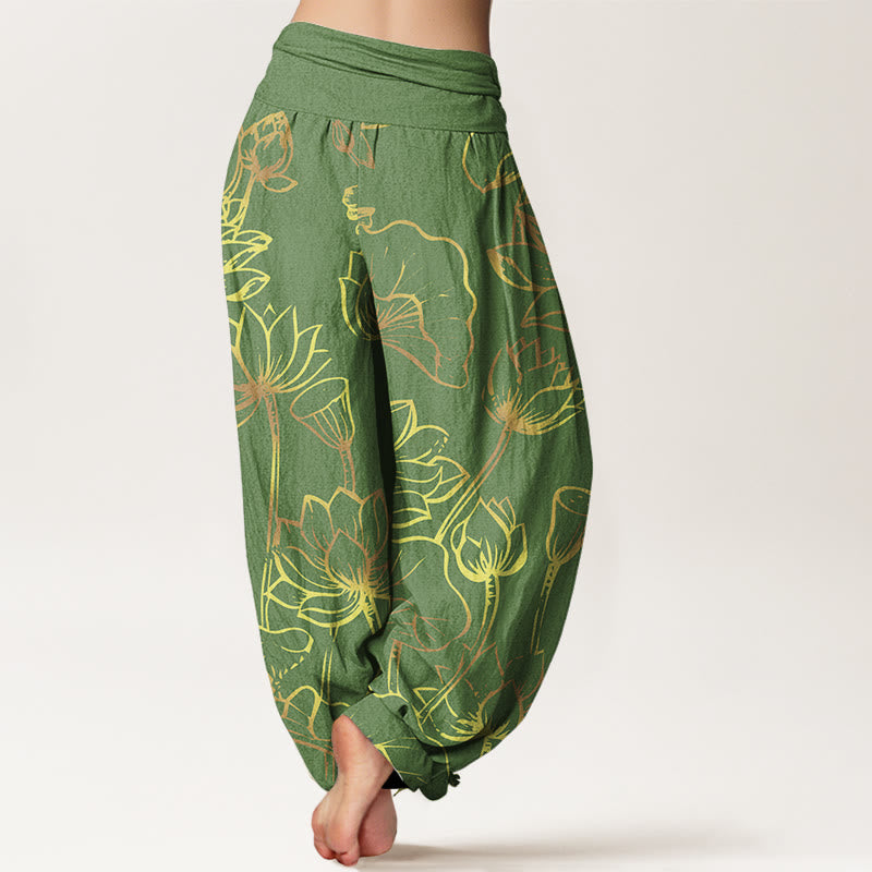 Nimara Ritual Print Lotus Flowers Leaves Pattern Women's Elastic Waist Harem Cotton Pants