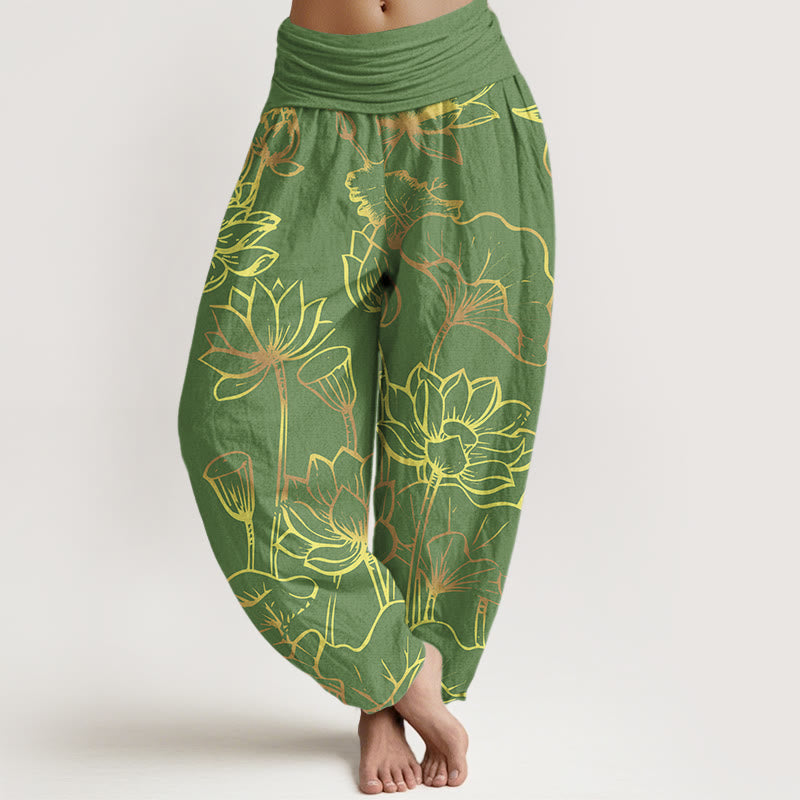 Nimara Ritual Print Lotus Flowers Leaves Pattern Women's Elastic Waist Harem Cotton Pants
