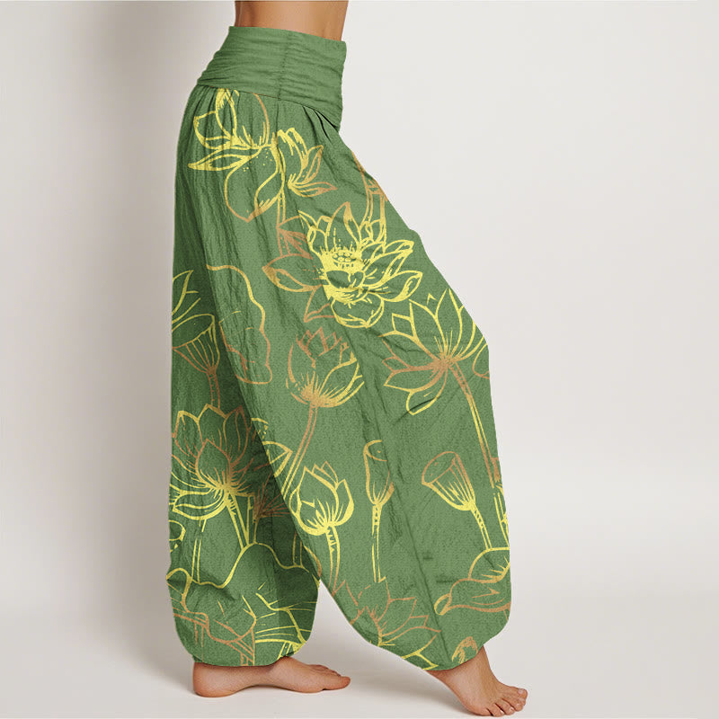 Nimara Ritual Print Lotus Flowers Leaves Pattern Women's Elastic Waist Harem Cotton Pants