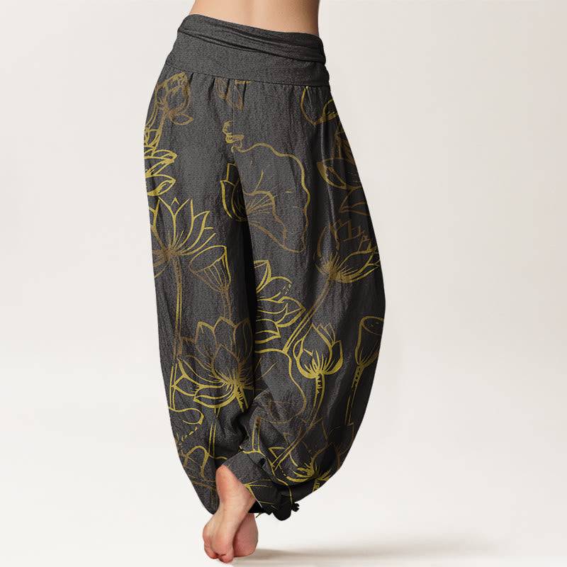 Nimara Ritual Print Lotus Flowers Leaves Pattern Women's Elastic Waist Harem Cotton Pants