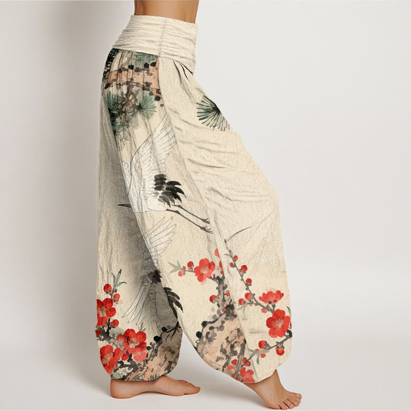 Nimara Ritual Print Cranes Plum Blossoms Pattern Women's Elastic Waist Harem Cotton Pants
