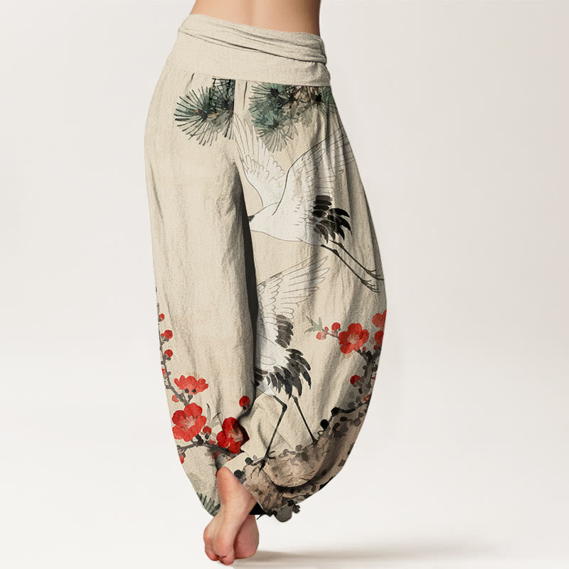 Nimara Ritual Print Cranes Plum Blossoms Pattern Women's Elastic Waist Harem Cotton Pants