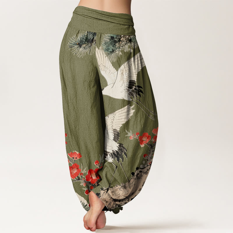 Nimara Ritual Print Cranes Plum Blossoms Pattern Women's Elastic Waist Harem Cotton Pants