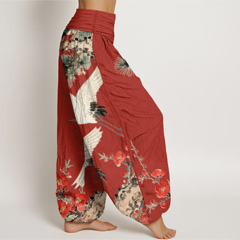 Nimara Ritual Print Cranes Plum Blossoms Pattern Women's Elastic Waist Harem Cotton Pants
