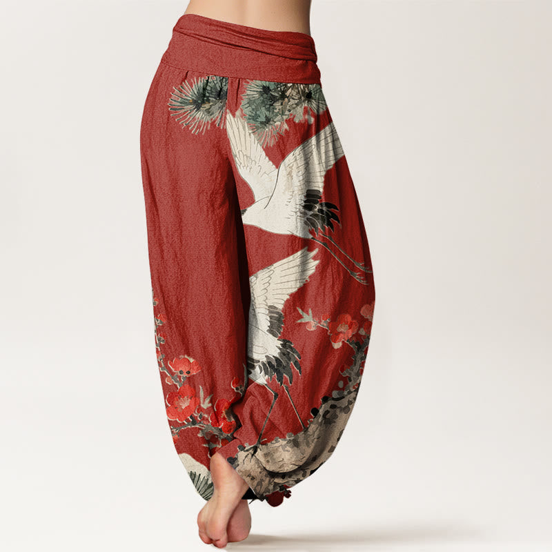 Nimara Ritual Print Cranes Plum Blossoms Pattern Women's Elastic Waist Harem Cotton Pants