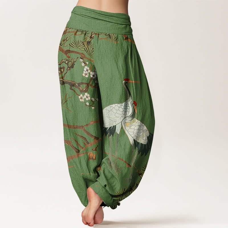 Nimara Ritual Print Plum Blossoms Cranes Pine Trees Pattern Women's Elastic Waist Harem Cotton Pants