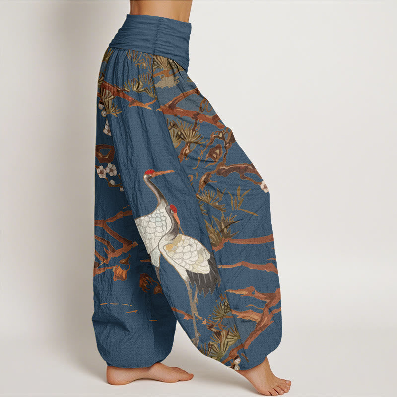 Nimara Ritual Print Plum Blossoms Cranes Pine Trees Pattern Women's Elastic Waist Harem Cotton Pants