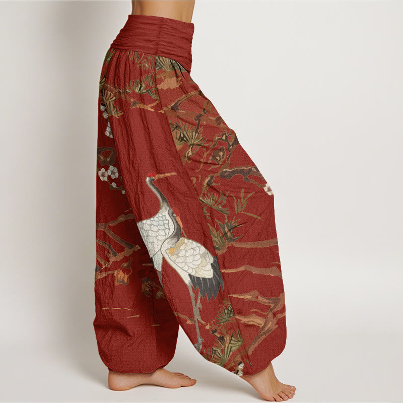 Nimara Ritual Print Plum Blossoms Cranes Pine Trees Pattern Women's Elastic Waist Harem Cotton Pants