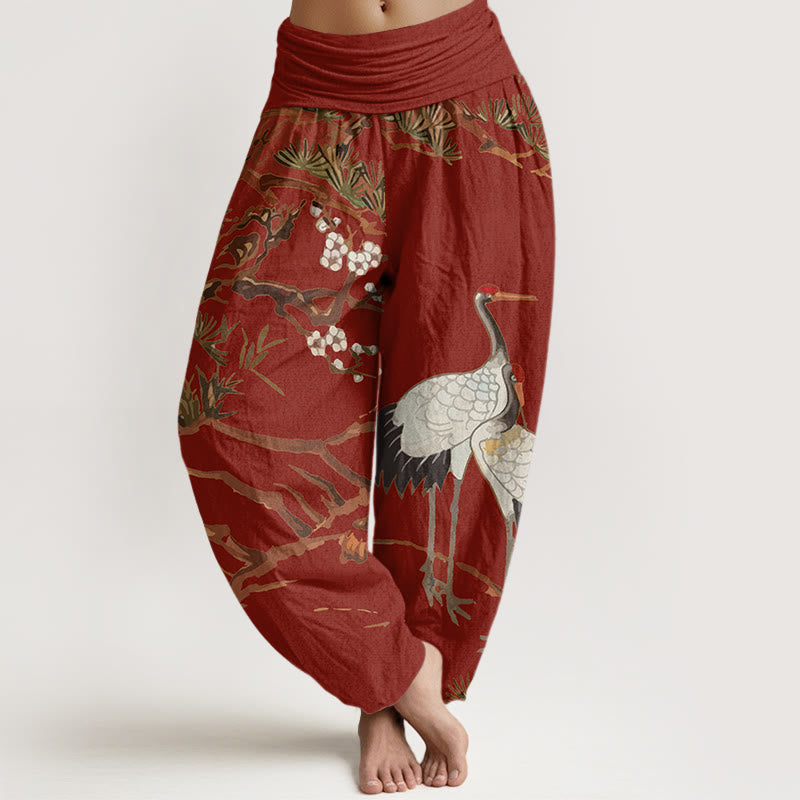 Nimara Ritual Print Plum Blossoms Cranes Pine Trees Pattern Women's Elastic Waist Harem Cotton Pants