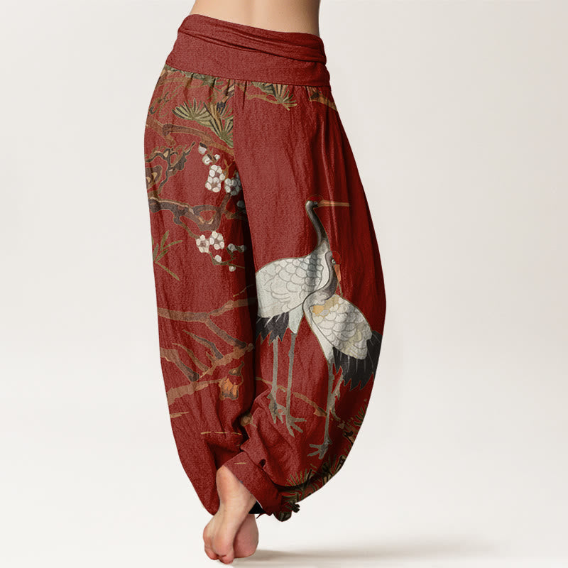 Nimara Ritual Print Plum Blossoms Cranes Pine Trees Pattern Women's Elastic Waist Harem Cotton Pants