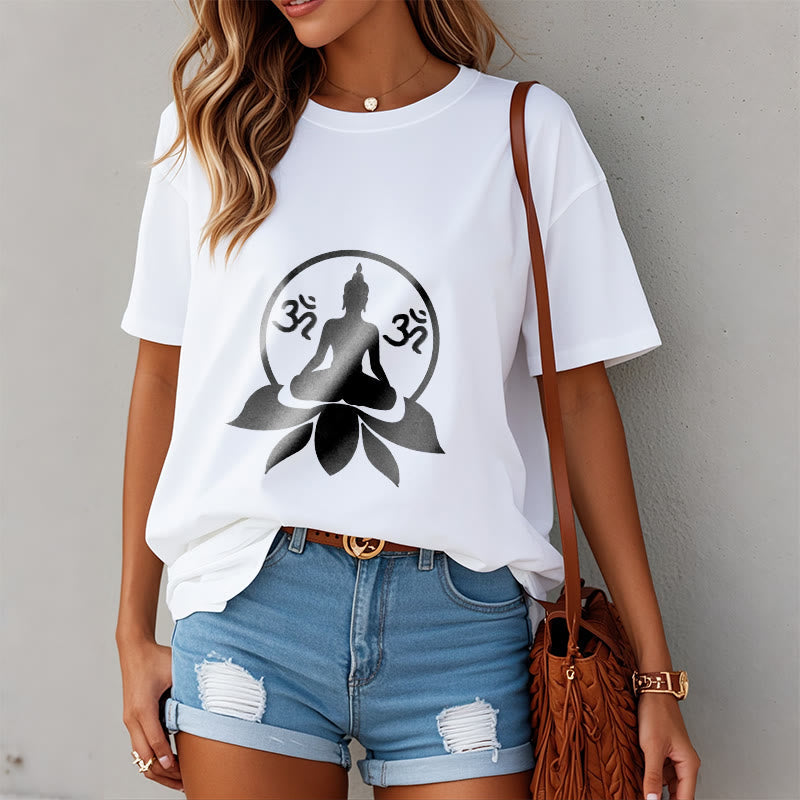 Nimara Ritual OM Symbol Sanskrit Mantras Buddha Seated On Lotus Flower Design Tee T-shirt