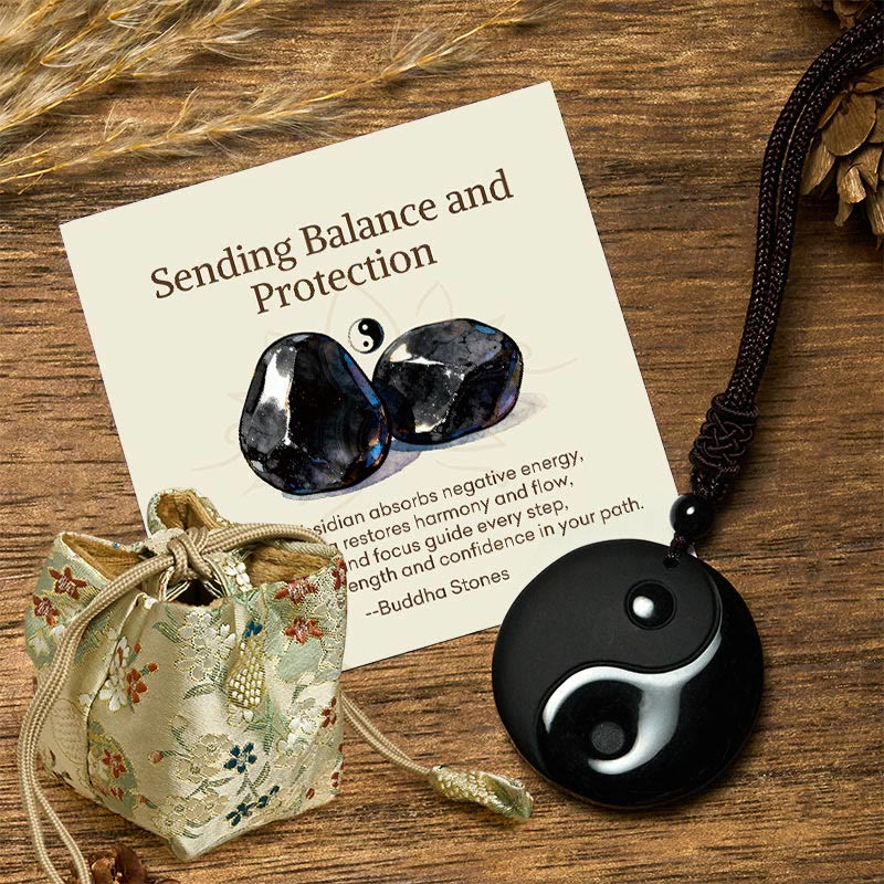Nimara Ritual "Sending Balance and Protection" Obsidian Yin Yang Necklace Includes Gift Message Card