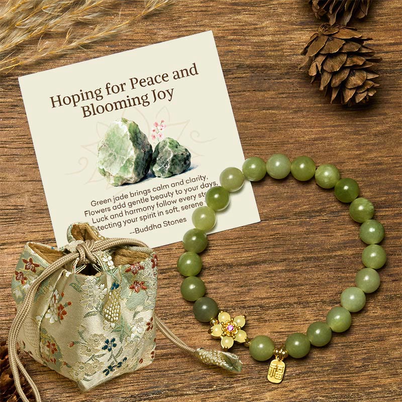 Nimara Ritual "Hoping for Peace and Blooming Joy" Green Jade Bracelet Includes Gift Message Card