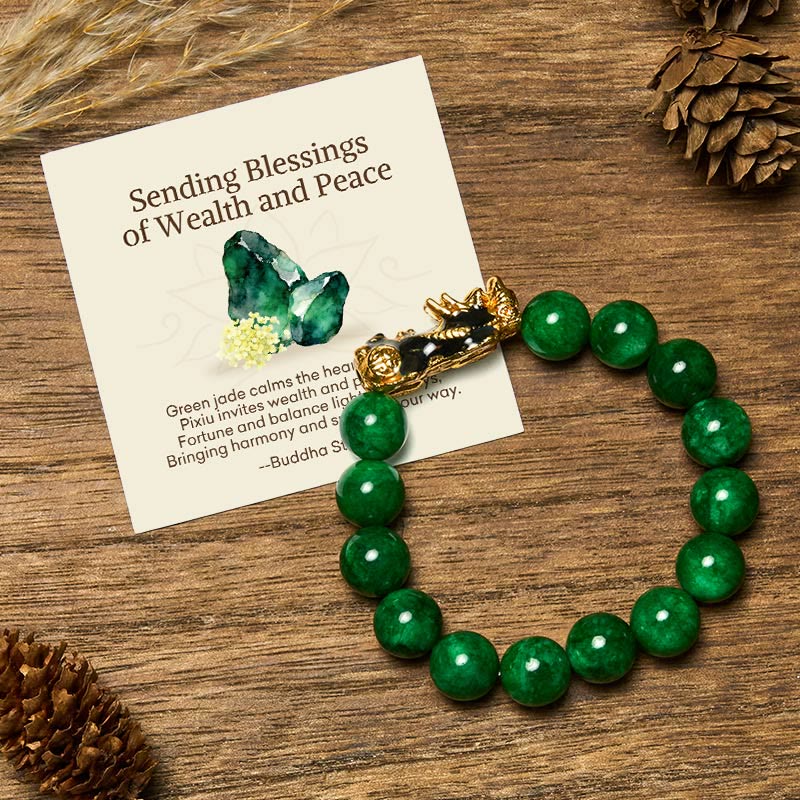 Nimara Ritual "Sending Blessings of Wealth and Peace" PiXiu Jade Bracelet Includes Gift Message Card