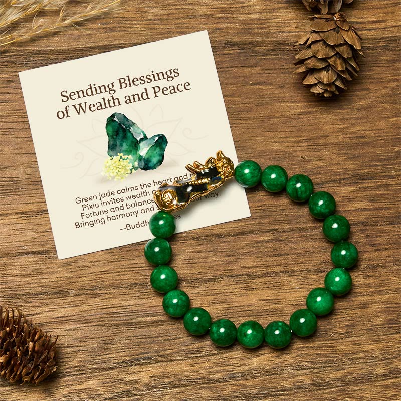 Nimara Ritual "Sending Blessings of Wealth and Peace" PiXiu Jade Bracelet Includes Gift Message Card